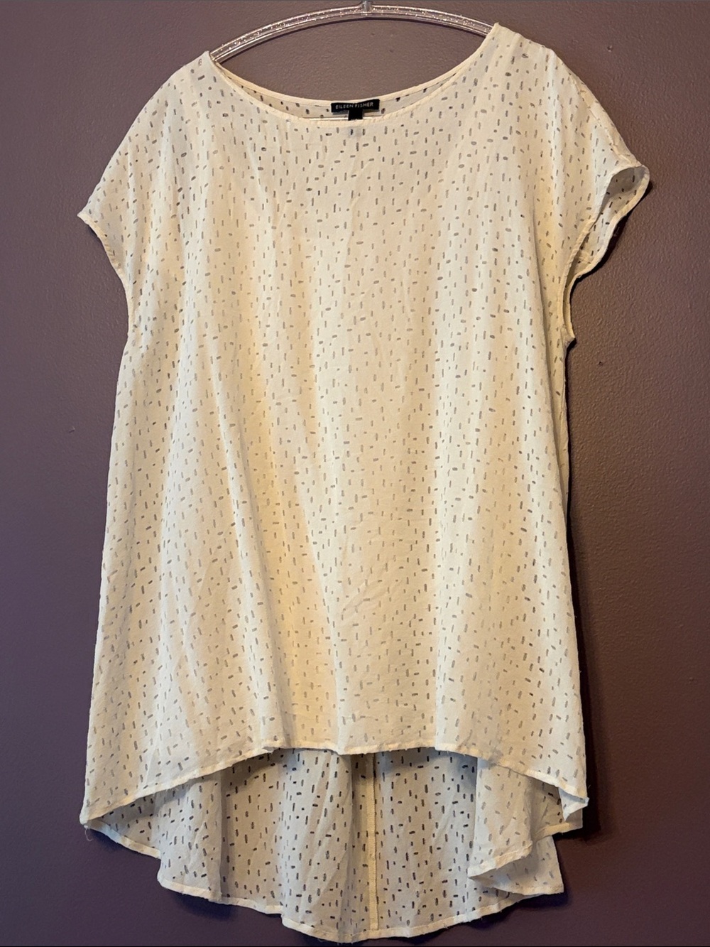 Eileen Fisher Cream Silk  High-Low laser cut Tunic with Cap Sleeves Large